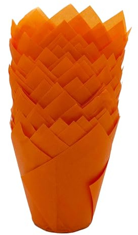 Scrumptious! 50PC Greaseproof Paper Muffin Tulip Cases for Baking - Orange - Great for Wedding Birthday and Anniversary Party Cakes and Bakes