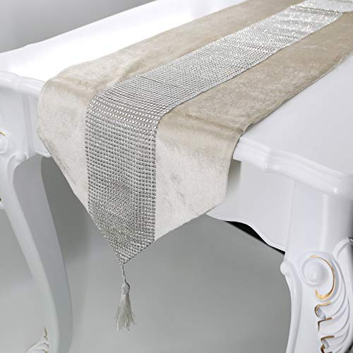 Deggodech Runner da Tavolo Moderno Beige Elegante Runner Tavola con Strass Table Runner Striscia Diamantata e Nappe per Matrimonio Natale del Ringraziamento Decorazione da Tavola ​(Beige, 32x185cm)