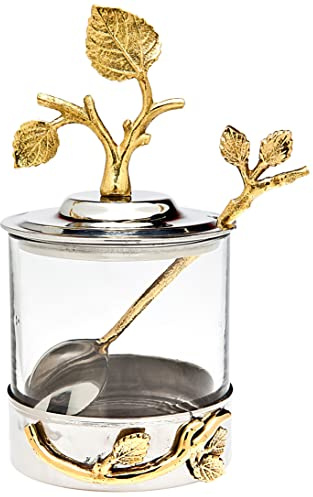 Godinger Elegant Leaf Jam & Honey Jar with Spoon – Stylish Stainless Steel & Glass Dish For Condiments, Sugar & Spreads – Decorative Serveware for Breakfast, Tea, Entertaining & Housewarming Gifts