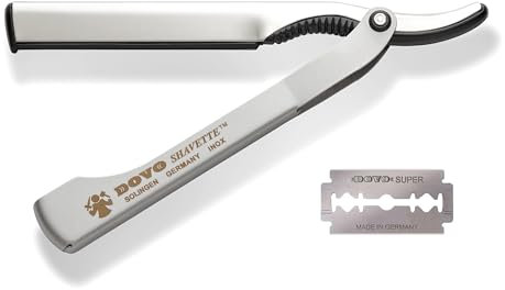 DOVO Shavette Rasiermesser mit satiniertem Edelstahlgriff und Edelstahlkopf I Rasierklingen I Wechselklingen I Barber Rasierklingen I Double Edge I DOVO Solingen Barbiermesser