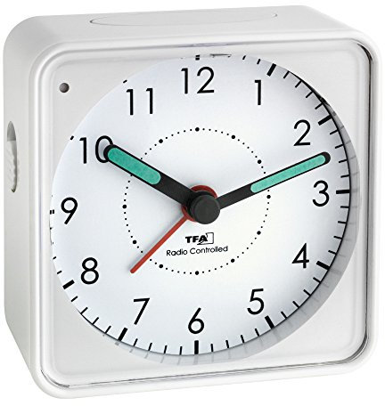 TFA Dostmann Analoger Funk-Wecker Picco, 60.1510.02, Funkuhr, leises Uhrwerk, klein und handlich Kunststoff, weiß, L 75 x B 31 (30) x H 75 (74) mm