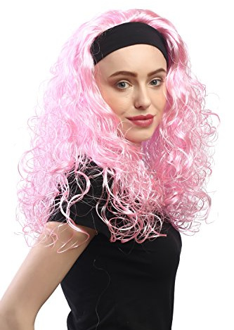 WIG ME UP - DH1552-PC28 Perücke Damen Karneval Fasching Locken Volumen Stirnband Lang Helles Pink Rosa Hellrosa 80er