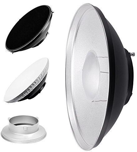 Pixapro 42cm Beauty Dish Reflector Photography Lighting Video Light Flash Diffuser Studio Light Camera Photoshoot Portable Beginners Bounce Sheets Filters (Silver, Bowens S-Type)