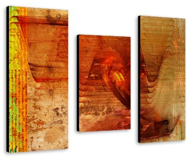 Glut der Träume - zauberhaftes Wandbild 100x70cm 3-teiliges Keilrahmenbild (30x70+30x50+30x70cm) mit chinesischen Schriftzeichen abstraktes Wandbild mehrteiliger Kunstdruck im Gemälde-Stil - optisch wie handgemalt - glatte Oberfläche - Vintage