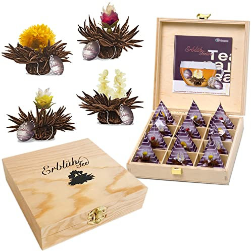 Coffret cadeau Creano Fleurs de Thé en format tasse dans une boîte à thé en bois | 12 thés fleuris en 4 sortes (thé noir)