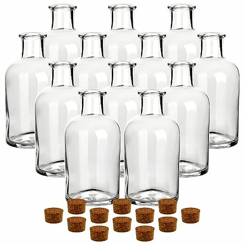 gouveo 12er Set Glasflaschen 500 ml Apotheker rund mit Korken (PK) - Flasche 0,5 l zum Befüllen und Verschenken - Leere Flasche für Gin, Likör, Schnaps, Öl, Essig (AFRT500PK)