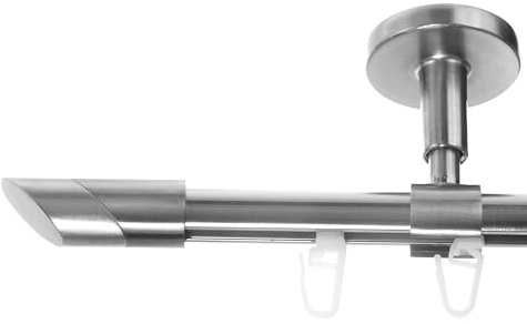 BASIT Gardinenstange Innenlauf Edelstahllook 16mm 1-läufig Decke 200cm D70 | Gardinenstangenset einläufig Deckenmontage Metall Vorhangstange Deckenhalterung 120-600cm wählbar Kappe Schräge E13