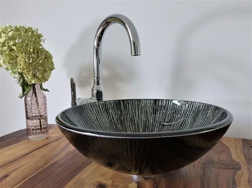 Nero Aufsatz Glas Waschbecken rund Waschschale Waschtisch Lava schwarz Silber 42cm