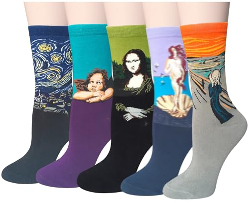 5 Paires Chaussettes Femme Fantaisie Cotton avec un Motif Unique de Peinture à L'huile Rigolotes Cadeaux pour les Femmes Taille Unique Vert1 | Mélange de coton de qualité supérieure, joli bord à volants, poignets élastiques sans couture, bout lisse à l'intérieur