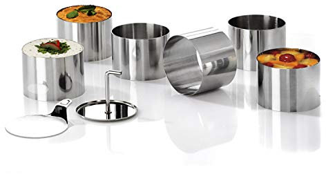 chg 3405-00 Dessert- Speiseringset, 8-tlg., hochwertiger Edelstahl-rostfrei in Profiqualität (6 Dessertringe d = 7,5 cm, Höhe: 5,5 cm 1 Stamper 1 Heber), Silber