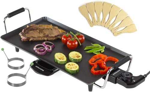 Andrew James Teppanyaki Electric Grill Plate & 2 Egg Rings | Large Non-Stick Tabletop Griddle with 43cm x 22.5cm Hot Plate & Adjustable Temperature | Includes 8 Wooden Spatula & Recipes in Manual