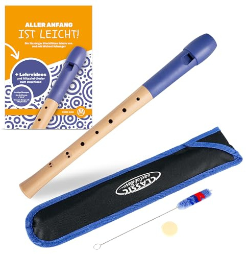 Classic Cantabile Pivella C-Sopran Blockflöte Set - Ahornholz mit Kopf aus Kunststoff - Barocke Griffweise - Inkl. Schule, Etui, Grifftabelle, Wischerstab und Korkfett - Blau