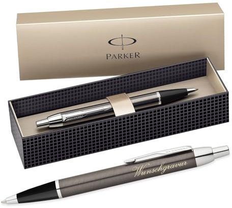 polar-effekt Parker IM Druckkugelschreiber mit Gravur - Metall-grau - Großraummine blauschreibend - inkl. Geschenk-Etui - Deutsche Herstellung - hochwertig und edel - perfekte Geschenkidee
