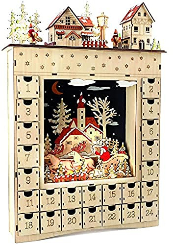 small foot Adventskalender „Wintertraum“ aus Holz, mit Schnitzereien und Beleuchtung, ca. 34 x 7,5 x 52 cm, 10215