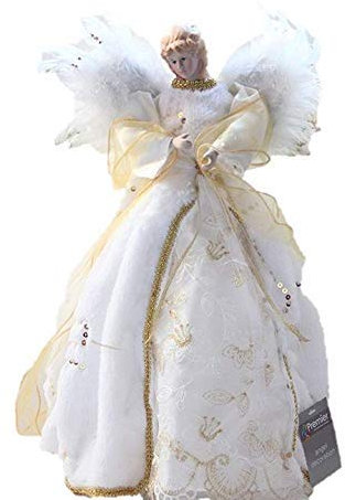 Décoration de sapin de Noël avec ailes d'ange en fausse fourrure et paillettes dorées et ivoire