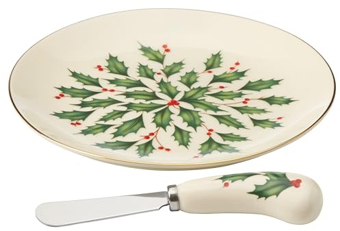 Lenox Serveware, Hosting The Holidays Cheese Plate & Knife Set, Service for 1, Ivory Porcelain, Dishwasher Safe, 6.75 Inch Diameter, Christmas Decorations, Christmas Decor (White/Green/Red, 2 Pieces)