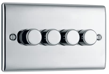 BG Electrical Intelligent Quadruple Wall Dimmer Switch, 2 Way, Raised Profile, Round Edges, Nexus Metal, Polished Chrome 200W, NPC84