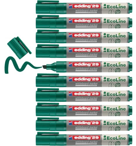 edding 29 Ecoline whiteboard marker - green - box of 10 whiteboard pens - chisel tip 1-5 mm - whiteboard pen dry wipe - for whiteboards, flipcharts, pinboards, memo boards - sketchnotes - refillable