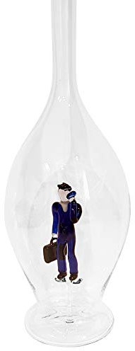 Oberstdorfer Glashütte Karaffe klares Glas mit Motiv verziert mit Farbiger Figur Geschäftsmann dekorative befüllbare ovale Schnapsflasche mit Verschluss Höhe ca. 30 cm Füllmenge 0,5 Liter