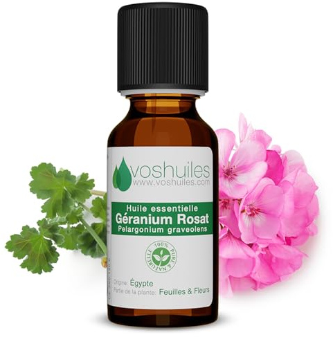 Voshuiles - Huile Essentielle Géranium Rosat - 60ml - 100% Pure et Naturelle - HEBBD - Utilisation Massage avec Huile Végétale ou Diffusion - Parfum Semblable à la Rose - Entreprise Française