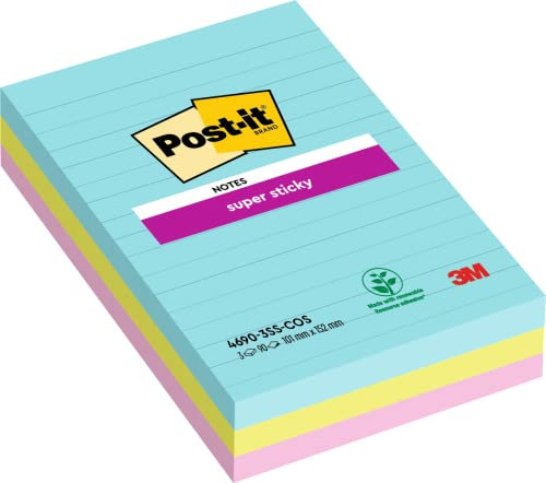 Post-it Super Sticky Notes im Großformat, Cosmic Collection, Liniert - 3 Blöcke, 90 Blatt pro Block, 101mm x 152 mm - Selbstklebende Notizzettel für Notizen, To-Do-Listen und Erinnerungen