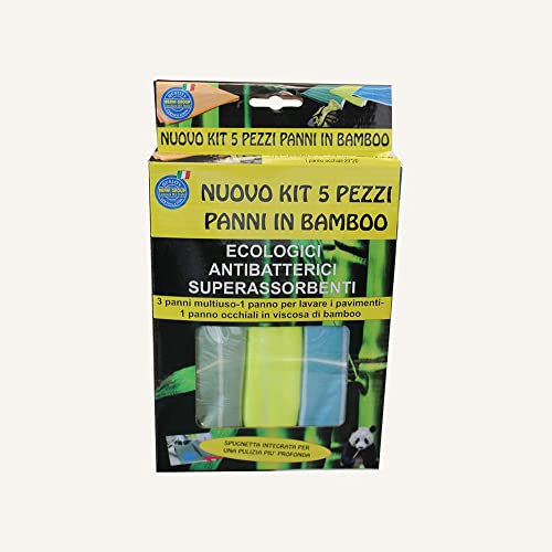 BERNIGROUP Nuovo Kit 5 Pezzi Panni in Bamboo Ecologici Antibatterici Superassorbenti 3 Panni Multiuso 1 Panno Pavimenti 1 Panno Occhiali