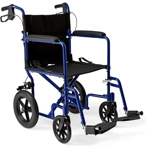 Medline Lightweight Foldable Transport Wheelchair with Handbrakes and 12-Inch Wheels, Blue Frame, Black Upholstery