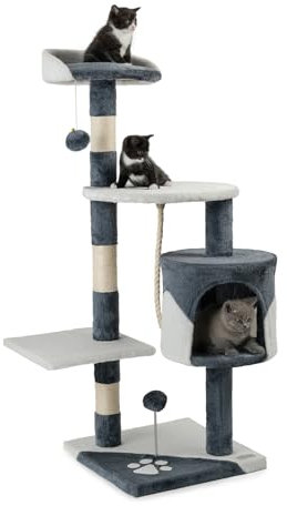 lionto Kratzbaum für Katzen mit 2 Plüschbällen & Spielseil, Höhe 112 cm, Katzenbaum mit Sisalseil & Plüsch, gemütliche Liegefläche & Höhle, inkl. Wandhalterung, für kleine & große Katzen, grau/weiß