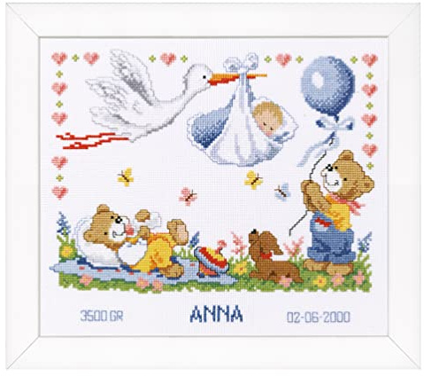 Vervaco Gezählter Kreuzstich Stickpackungen Stickset Baby Geburt Storch Wanddekoration Handarbeit Set für Erwachsene Kreatives Handwerk ca. 28 x 24 cm Geburt Geschenk Hausdeko