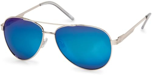 styleBREAKER occhiali da sole polarizzati da pilota con cerniera a molla, custodia e panno per la pulizia, unisex 09020046, colore:Montatura Argento/Vetro Blu munito di specchi