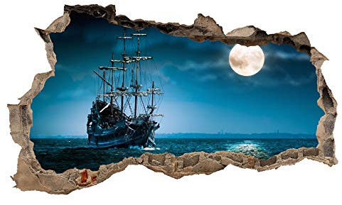3D Wandtattoo Mauerloch Wandsticker Wandaufkleber Durchbruch Städte Landschaft Abenteuer selbstklebend H 60 x B 100 Schlafzimmer Wohnzimmer (WL05 Piratenschiff)