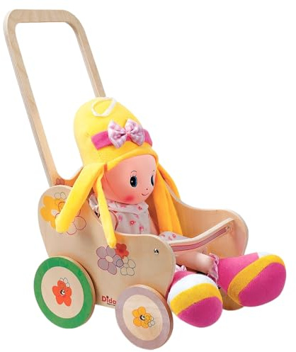 Dida Barnvagn för trädockor med blommönster - barnvagn för dockor upp till 35 cm, rollleksak för barn från 2 till 4 år, perfekt för små föräldrar