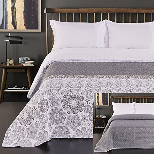 DecoKing 77214 Tagesdecke 240 x 260 cm Stahl Silber weiß anthrazit Alhambra | Bettüberwurf zweiseitig white steel silver Steppung