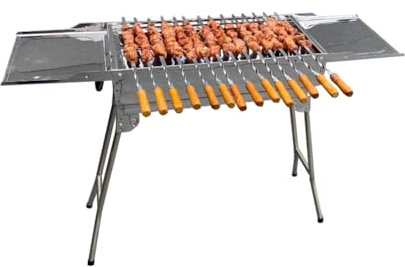 walexo Familien Grill Mangal mit klappbaren Füßen Schaschlik und BBQ Kohlegrill Säulengrill Standgrill (inkl. 14 Spieße aus Edelstahl mit Holzgriff)