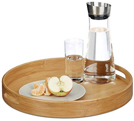 Relaxdays Serviertablett Bambus rund, erhöhter Rand, Gastrotablett, Grifflöcher, HxBxT: 5 x 38,5 x 38,5 cm, Holz, natur