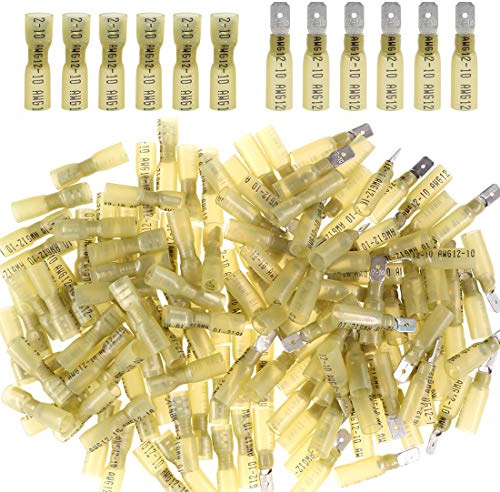 Glarks 100pcs 12-10 Gauge Fully Insulated Female/Male Spade Nylon Heat Shrink Waterproof Quick Disconnect Electrical Insulated Crimp Terminals Connectors Assortment Kit