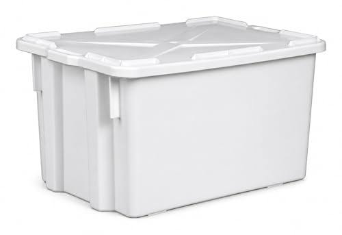 HELGUEFER - Cubeta Plastico con Tapa 65L Apilable | Caja Plastico Almacenaje Resistente y Ergonómica, Polietileno, 630x450x350mm | Uso Alimentario y Industrial | Fácil Limpieza y Ahorro de Espacio