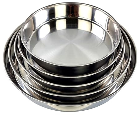 5-tlg Tablett aus Edelstahl, Servierplatte Rund, Edelstahltablett Metalltablett, Metall Tablett (5 St) Teller, Charcuterie Platte, Tablett Set Pizzablech Pizzateller Backofen geeignet, Serviertablett