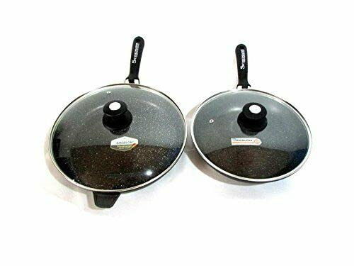 Schumann Professionnel - Lot de 2 Poêles Moove Revêtement en Pierre - Compatibles Tous feux dont Induction - Fonte d'Aluminium - Manches Amovibles en Silicone - Couvercle Inclus - 28/32cm
