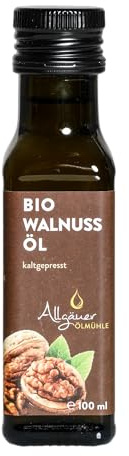 ALLGÄUER ÖLMÜHLE – Bio Walnussöl | Fein-nussiges Öl aus ungerösteten Walnüssen. Aus biologischem Anbau. Kaltgepresstes Bio Walnuss Öl ideal für Gemüse & Süßspeisen | Inhalt: 100 ml