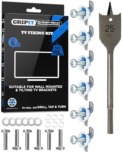 Gripit Blue TV Kit - Pack of 6 - Heavy Duty Plasterboard Fixings for Drywall & Stud Walls, Holds Up to 113kg - for Mounting TVs, Kitchen Cupboards & Boilers - Easy Install & UK Designed