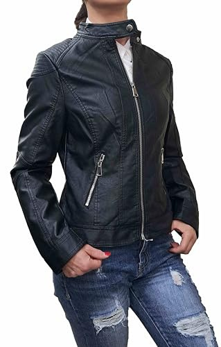 Fantasy Chiodo Giacca Giacchetto Giubbino Giubbotto Finta Pelle Ecopelle Corto Slim Avvitato Aderente Skin Donna Ragazza (S 40, Nero)