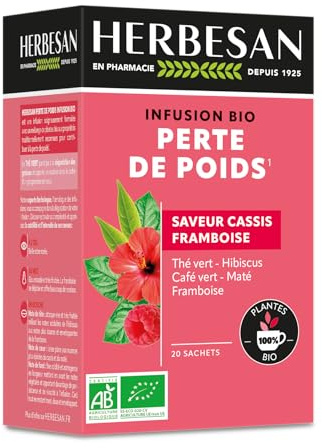 HERBESAN®- INFUSION PERTE DE POIDS BIO - Saveur Cassis Framboise - Fruité & Acidulé -Sans plastique- 100% plantes - 20 sachets en papier