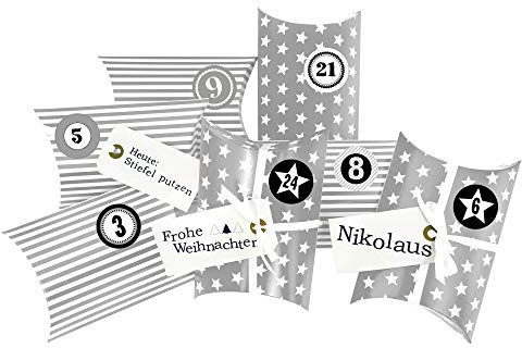 Frau WUNDERVoll® DIY ADVENTSKALENDER CHRISTKIND zum Befüllen, grau Sterne und Streifen, Ziffern grau, Kissenschachteln 15x11x4,5cm / Weihnachten, Papiertüten, Kinder, Geschenkbeutel, Aufkleber