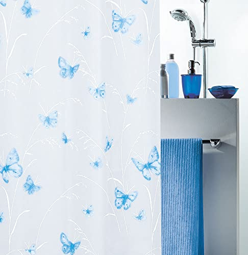 Spirella Anti-Schimmel Duschvorhang - Anti-Bakteriell, waschbar, wasserdicht, Peva, „Schmetterlinge“ 180x200cm Weiß blau