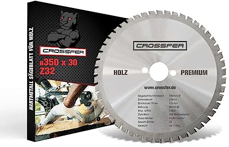 Kreissägeblatt für Holz | Premium Qualität HM Kreissägeblatt | Hartmetall Kreissägeblatt für die Holzverarbeitung | CROSSFER® (Ø350 x 30 (Z32))