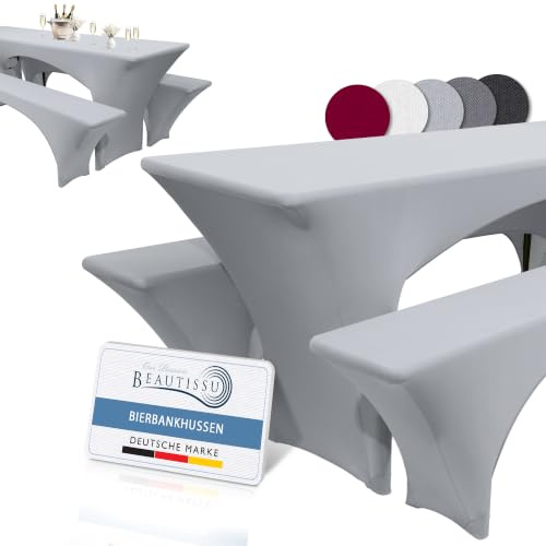 Beautissu Edles Stretchhussen Set 3tlg. Biertischhussen Elastisch | 220x50cm Grau festliche Husse Biertisch + 2 Bierbank Bierzeltgarnitur Bezug Tischhusse elastisch Victoria
