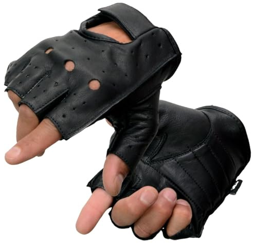 Milwaukee Leather SH195 Men's Black Leather Perforated Gel Padded Palm Fingerless Motorcycle Hand Gloves W/ ‘Open Knuckle’ - Large