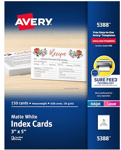 Avery Printable Index Cards, Sure Feed Technology, 3 x 5, Matte White, Laser & Inkjet Compatible, 150 Blank Cards Total, Great for Product Branding, Marketing, and More (5388)
