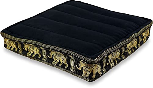 livasia Sitzkissen Boden Thaiseide - 50x50x10cm - Bodenkissen Indoor/Outdoor, Meditationskissen Yogakissen, Stuhlauflage Palettenmöbel, Steppkissen Bank handgefertigt (Schwarz/Elefanten Seide)